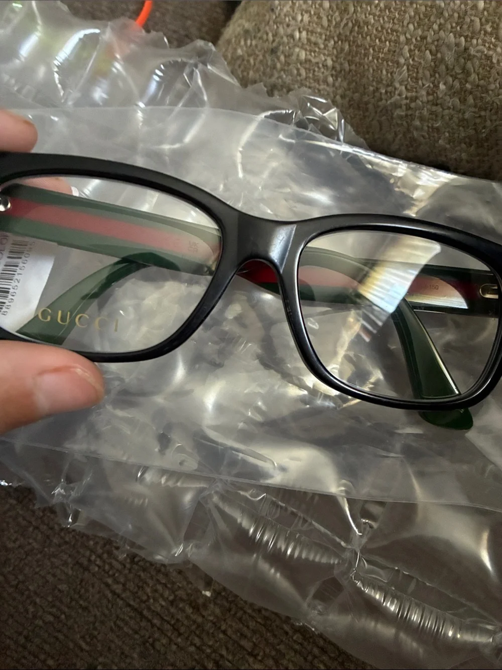 Gucci Black Frames with Green Temples and Red Stripe Men's Glasses